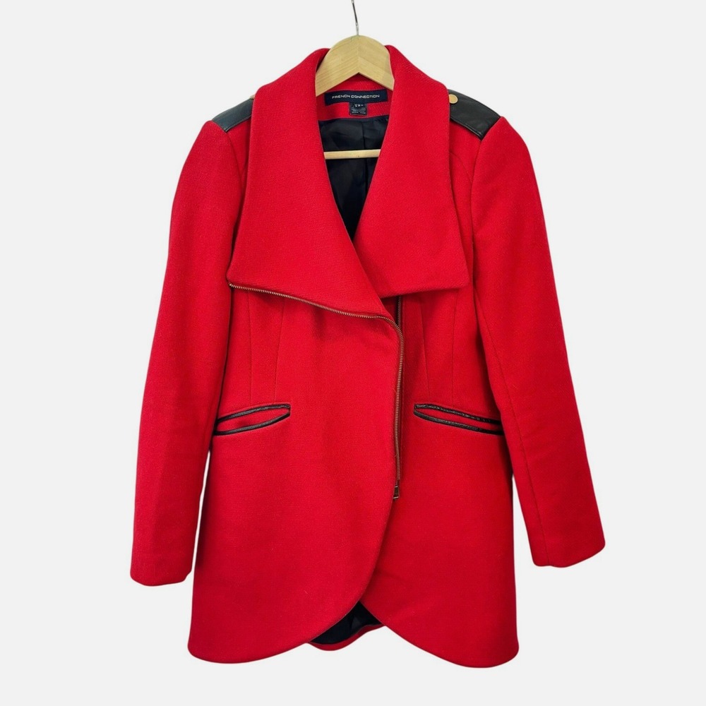 French Connection Women's Red Wool Blend Asymmetrical Zip Jacket Womens SZ 4 VTG